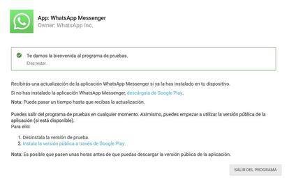 Acceso al programa de Testers de WhatsApp para Android.