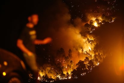 Un hombre en las inmediaciones del fuego de Quiroga, en Bendollo, Lugo.