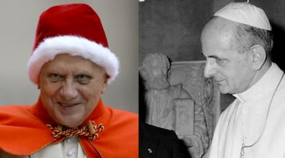 A la izquierda Benedicto XVI con el 'camauro', el antiguo gorro que despertó tanta curiosidad. A la derecha, Pablo VI, papa entre 1963 y 1978.