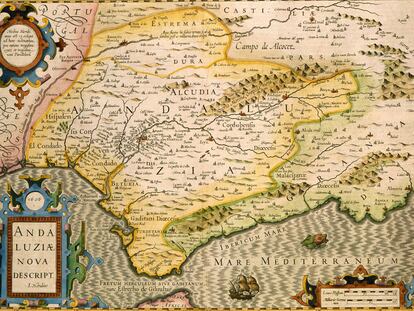 Mapa de Andalucía del cartógrafo Jodocus Hondius, publicado en Ámsterdam en 1606.