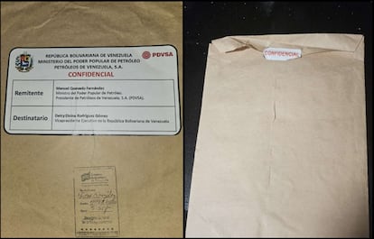 Foto del anverso y reverso del sobre de PDVSA, enviado por Escolano a Aldama, segn el informe policial.