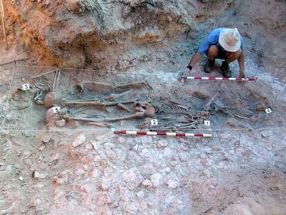 Cinco esqueletos exhumados de una fosa de la Guerra Civil