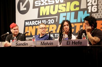 Fat Mike, Erik Sandin, Eric Melvin y El Hefe, de NOFX, durante una conferencia en Austin, Texas, en 2016.