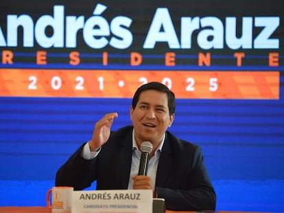 Ecuadorian presidential candidate Andres Arauz speaks in Quito, Ecuador, on February 9.