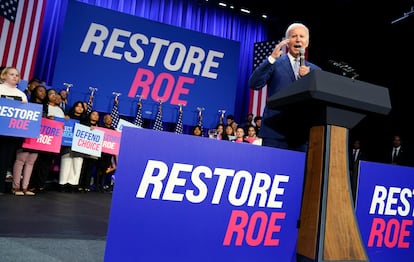 President Joe Biden speaks about abortion access during a Democratic National Committee event at the Howard Theatre