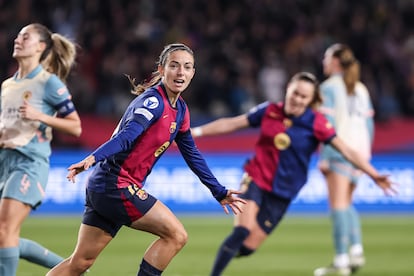 Aitana Bonmati, del FC Barcelona Femenino, celebra su gol ante el Manchester City durante la fase de grupos de la Champions League el pasado 18 de diciembre.