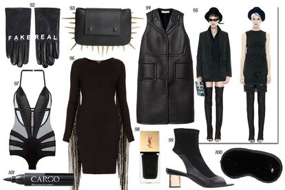 92. Asos Guantes de piel con leyenda. 93. Malababa Clutch de piel con pinchos. 94. Marni Chaleco XL de piel sin mangas. 95. Acne. 96. Topshop Vestido con flecos largos en las mangas. 97. Lascivious Body de satén y gasa. 98. Yves Saint Laurent Laca de uñas “La Laque Couture – Noir Primitif”. 99. Nicholas Kirwood Botín de ante y piel con puntera y talón al aire, y tacón dorado. 100. Zara Home Antifaz de terciopelo con calavera. 101. CARGO Eyeliner “TexasLiner”.
