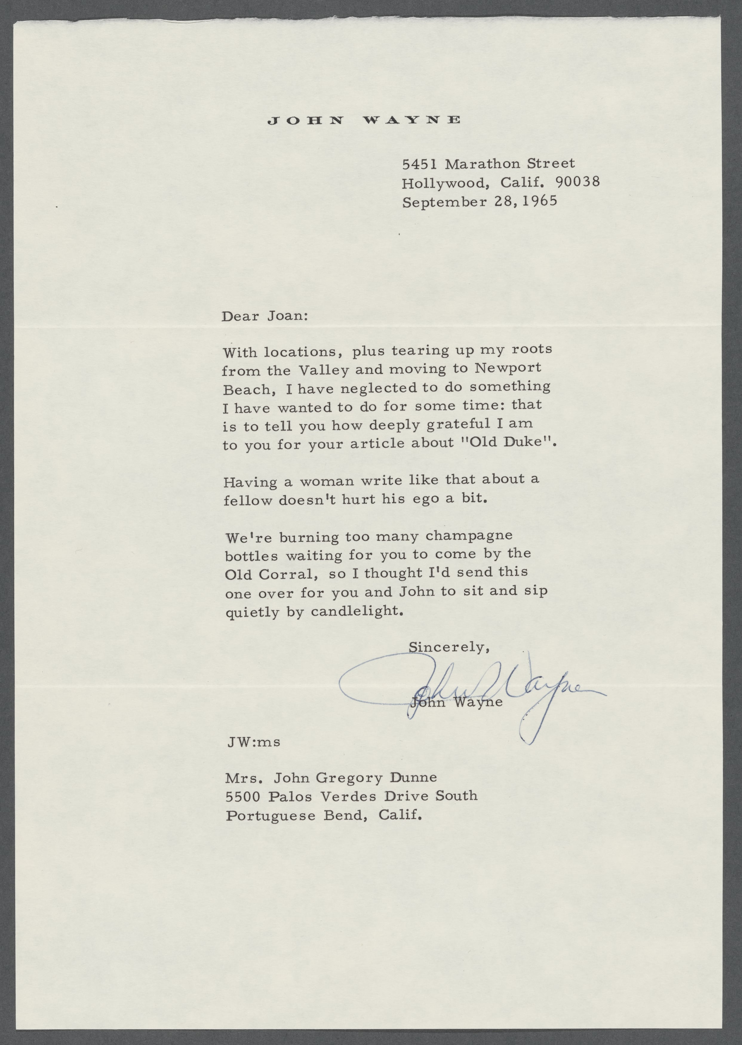 Carta de John Wayne a Joan Didion, fechada el 28 de septiembre de 1965, incluida en los papeles de Joan Didion y John Gregory Dunne de la Biblioteca Pública de Nueva York. Publicada con el permiso de John Wayne Enterprises, LLC. (Todos los derechos reservados. www.johnwayne.com)
