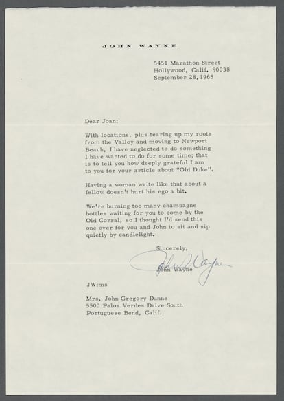 Carta de John Wayne a Joan Didion, fechada el 28 de septiembre de 1965, incluida en los papeles de Joan Didion y John Gregory Dunne de la Biblioteca Pública de Nueva York. Publicada con el permiso de John Wayne Enterprises, LLC. (Todos los derechos reservados. www.johnwayne.com)