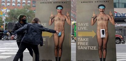 Una campaña publicitaria en Nueva York usa mascarillas y gel hidroalcohólico para vender una película del actor británico Sacha Baron-Cohen. 