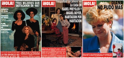 De izquierda a derecha, la duquesa de Alba, la duquesa de Feria y Aline, condesa de Romanones, en 1986; Isabel Preysler con sus hijas, Tamara y Ana, en 1992; y Diana de Gales, en una portada de '¡Hola'! de junio de 1992.