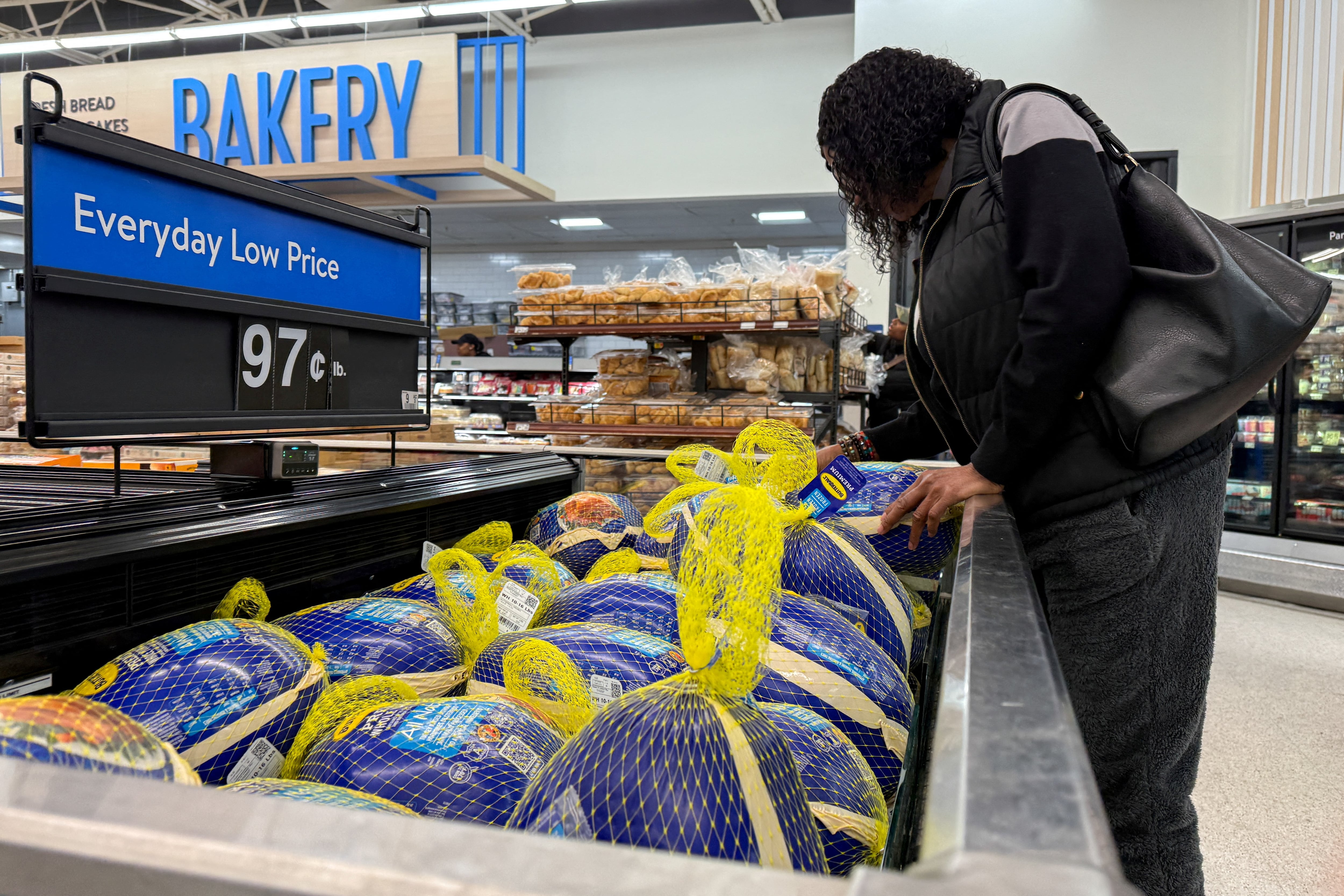 FILE PHOTO: A person looks at Butterball frozen turkeys, part of Walmart's basket of Thanksgiving goods, for sale at a store in Valley Stream, New York, U.S., November 6, 2025. REUTERS/Kylie Cooper/File Photo