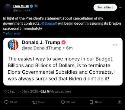 Mensaje de Elon Musk publicado en su red social 'X', este 5 de junio.