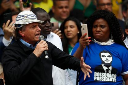 Bolsonaro speaks during a rally in the city of Duque de Caxias, in the state of Río de Janeiro, while wearing a style of hat traditionally associated with Northeast Brazil, a region where he has little support.