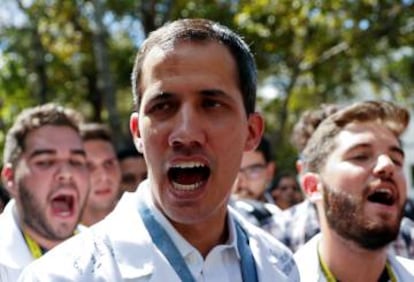 Self-declared interim president Juan Guaidó takes part in a protest against Maduro.