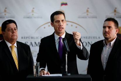 El presidente de la Asamblea Nacional, Juan Guaidó, en la rueda de prensa de este jueves.