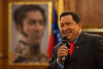 Ch&aacute;vez addresses reporters during a news conference on Tuesday at Miraflores Palace in Caracas.
 