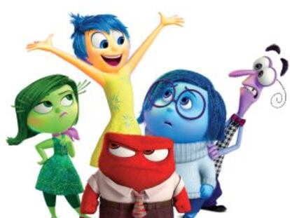 De izquierda a derecha, los personajes que representan las emociones: Asco, Alegr&iacute;a, Ira (rojo), Tristeza y Miedo.