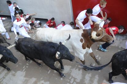 Uno de los momentos más emocionantes del encierro, el de la entrada a la plaza.