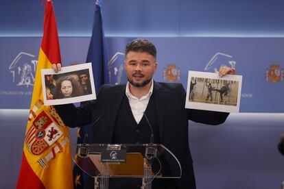 El portavoz de ERC en el Congreso, Gabriel Rufián durante la rueda de prensa previa a la reunión de la Junta de Portavoces, este martes en el Congreso.
