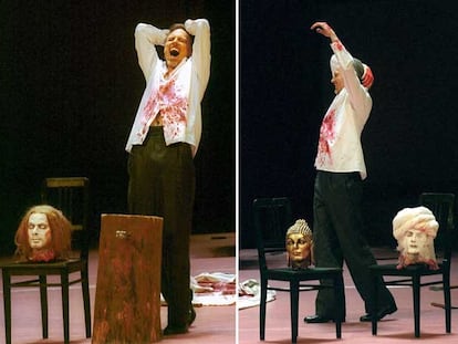 Dos escenas del ensayo de <i>Idomeneo,</i> en 2003, con las cabezas de Cristo, Buda y Mahoma.