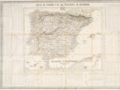 Un grabado de 1863 del 'Atlas de España y de sus posesiones de Ultramar', con tablas de datos sobre educación, criminalidad y otros aspectos.