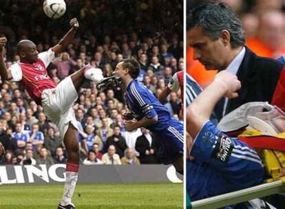 A la izquierda, Diaby golpea a Terry en la cara. A la derecha, Mourinho, el entrenador del Chelsea, acompaña al central inglés, en camilla, con collarín y mascarilla de oxígeno.