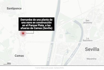 Mapa que muestra el lugar donde se ha producido en derrumbe en Camas (Sevilla).