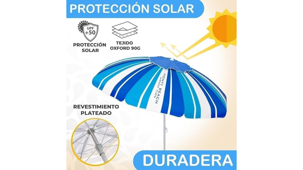 Esta sombrilla de playa tiene un revestimiento que protege del sol.