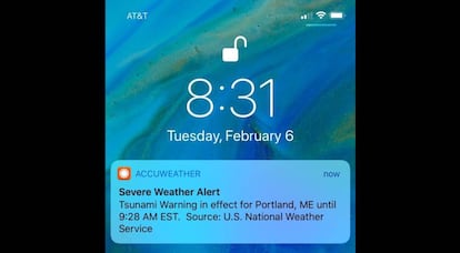 Captura de pantalla de un teléfono móvil con la alerta incorrecta.