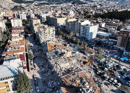 Aerial photo shows the destruction in Kahramanmaras, southern Turkey, Wednesday, Feb. 8, 2023. 