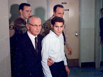 This June 1968 photo shows Sirhan Sirhan, right, accused assassin of Sen. Robert F. Kennedy, with his attorney Russell E. Parsons in Los Angeles.