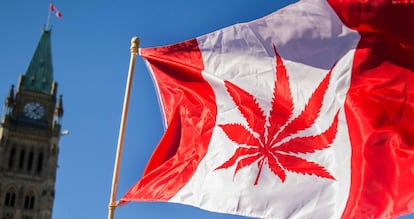 La bandera de Canadá con un logotipo de marihuana en Ottawa.