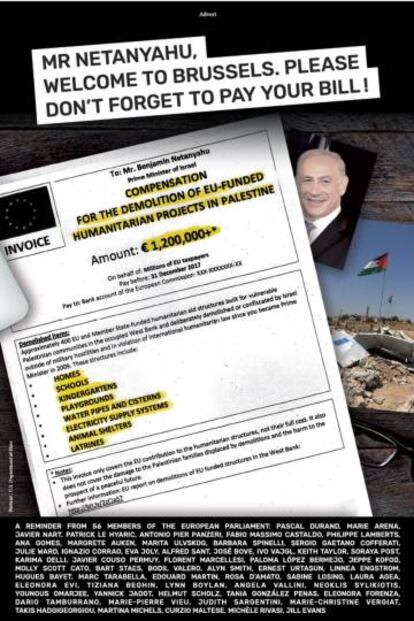 Anuncio publicado en 'Haaretz' de la carta dirigida por eurodiputados a Netanyahu.