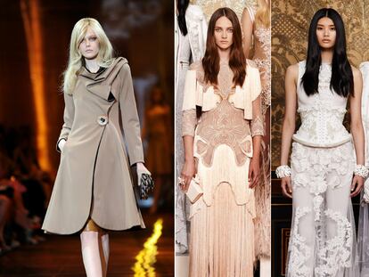 De izquierda a derecha, modelo con un diseño de Armani y dos creaciones de Riccardo Tisci para Givenchy.