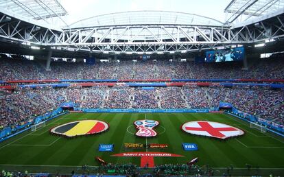 Aspecto del estadio de San Petersburgo antes del inicio del partido entre Bélgica e Inglaterra por el tercer y cuarto puesto del Mundial de Rusia.