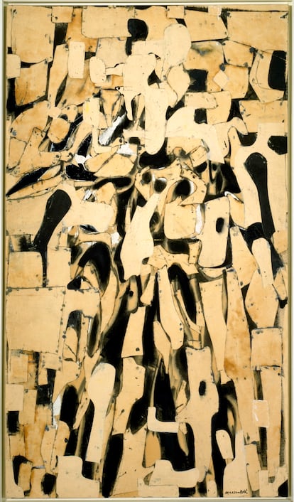 Óleo y collage de lienzo sobre lienzo, de Conrad Marca-Relli. 215,9 x 127 cm. 1956.