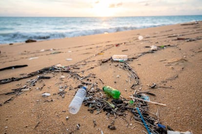 Restos de plástico no reutilizable en una playa