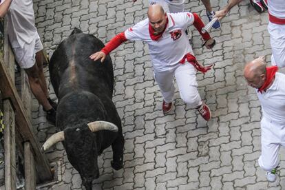 Uno de los corredores junto a un toro de Jandilla durante el encierro.