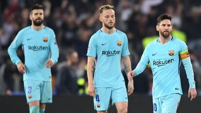 Piqué, Rakitic y Messi este jueves en el Olímpico de Roma.