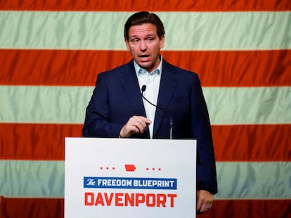 Florida Governor Ron DeSantis makes his first trip to the early voting state of Iowa for a book tour stop at the Rhythm City Casino Resort in Davenport, on March 10, 2023.