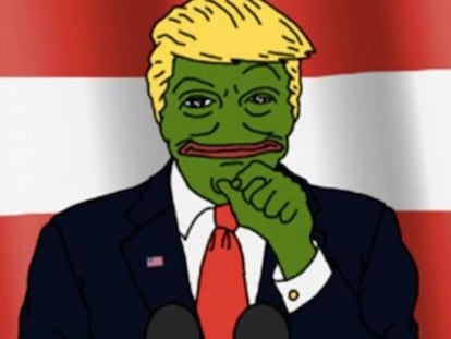 Um dos memes que relacionava a rana Pepe (símbolo da direita racista) com Donald Trump