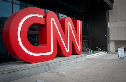 The CNN logo is displayed at the entrance to the CNN Center in Atlanta on Feb. 2, 2022.