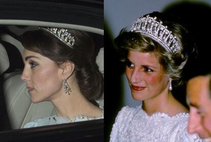 La duquesa de Cambridge eligió el pasado lunes para una recepción en el palacio de Buckingham la misma tiara y un vestido muy parecido al que lució Diana de Gales en una cena en la embajada británica de Washington, en 1981