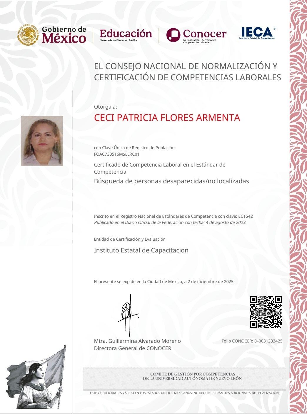 Certificación en Búsqueda de Personas Desaparecidas (EC1542) que otorga el Gobierno mexicano.