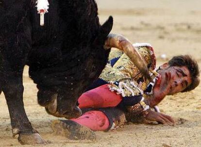 Javier Valverde, volteado por el sexto toro de la tarde, ayer en Las Ventas.