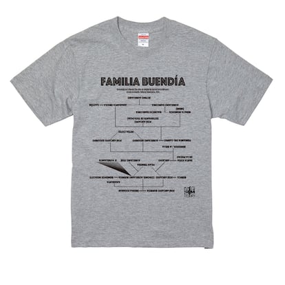 A t-shirt depicting the Buendía family tree, included in the promotion of the new edition of One Hundred Years of Solitude, in an image from the Shinchosha publishing house.