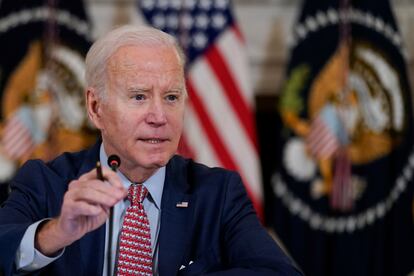 President Joe Biden speaks during a meeting with the President's Council of Advisors on Science and Technology in the State Dining Room of the White House, April 4, 2023, in Washington.