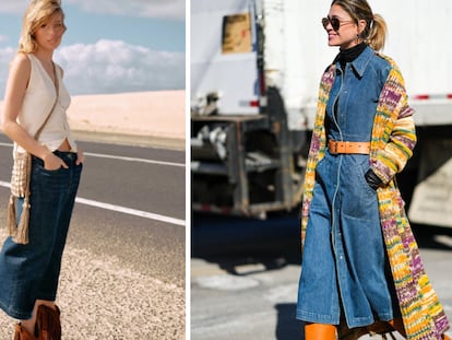 A la izquierda, un modelo de falda midi y, a la derecha, un ejemplo de cómo combinar un vestido largo vaquero. SLOWLOVE/GETTY IMAGES.