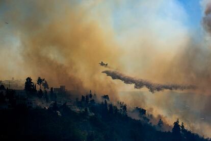 Una avioneta trabaja en las labores de extinción de un incendio forestal en Jerusalén (Israel).